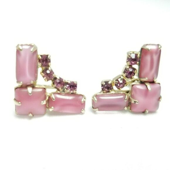 Vintage Pink Rhinestone Clip On Screw Back Earrings, Milky Opaque, 60s 70s - Picture 1 of 6